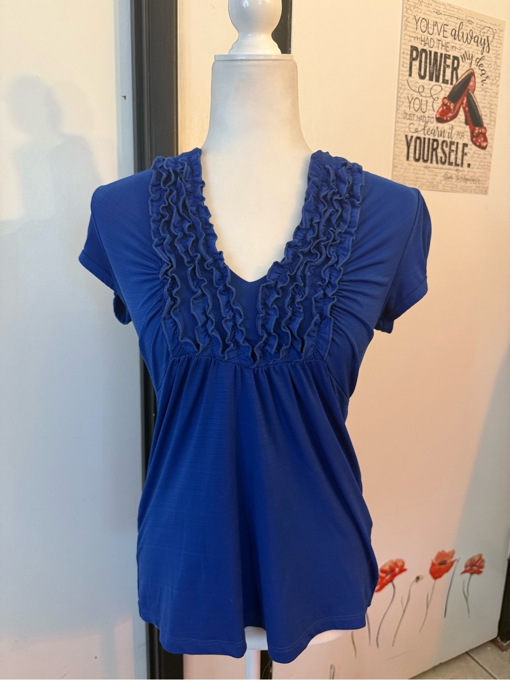 Women’s Ruffle V-Neck Top in Royal Blue with a tie